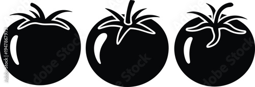 Fresh tomato silhouette vector set with highlights and stems for organic vegetable labels kitchen decor gardening and farm to table food designs.