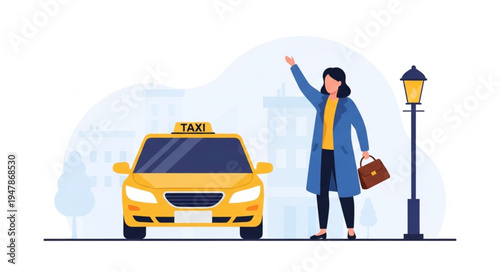 Woman hailing yellow taxi cab.