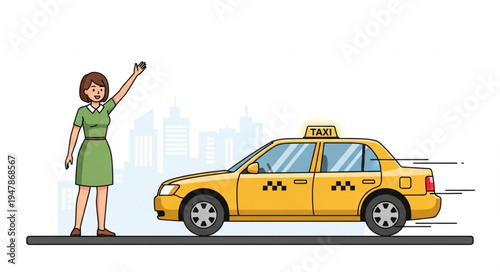 Woman Hailing Yellow Taxi Cab.