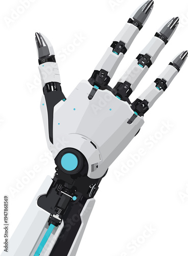 Futuristic robotic hand and forearm with articulated metallic fingers and sleek white panels symbolizing advanced AI technology