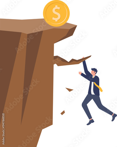 Determined Professional Businessman Climbing a Steep Cliff Towards Financial Wealth