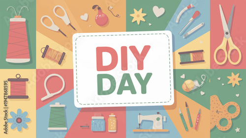 Colorful diy day banner with sewing and crafting tools supplies and icons on a multicolored background