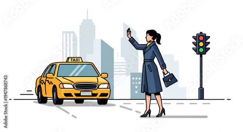 Woman Hailing Yellow Taxi Cab.