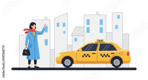 Woman Hailing Yellow Taxi Cab.