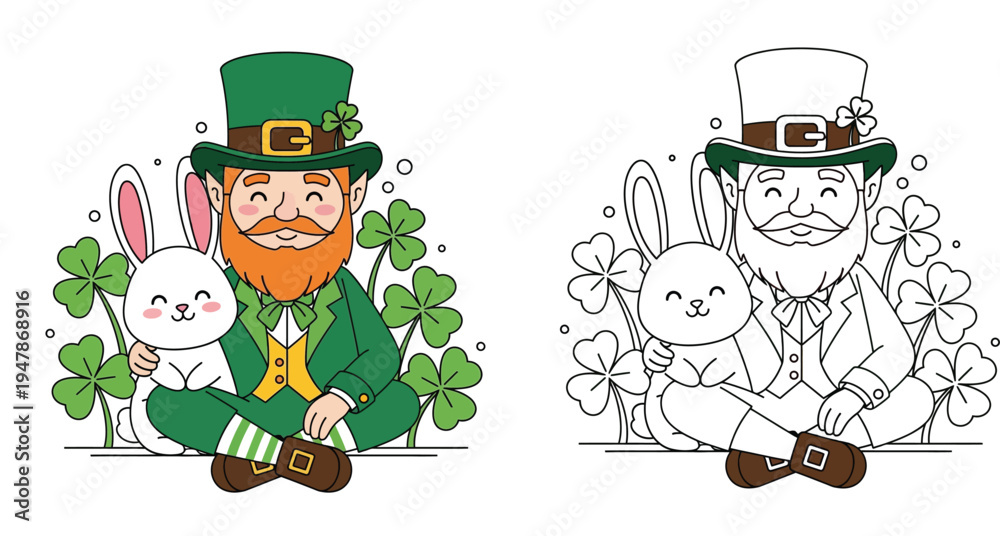 Fototapeta premium St Patricks Day vector illustration of a cute leprechaun hugging a white bunny rabbit with shamrocks, including a black and white coloring book outline version.