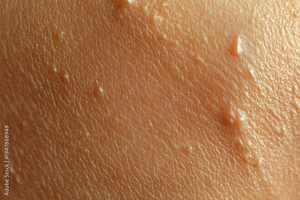 Fototapeta premium Macro close-up of tanned human skin showing fine texture, pores and small raised bumps, evoking goosebumps and a cool, tense sensation