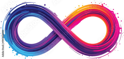 Colorful infinity symbol with dynamic brushstroke texture blending blue, purple, pink, orange, and yellow in artistic motion