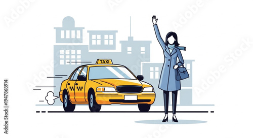Woman Hailing Yellow Taxi Cab.