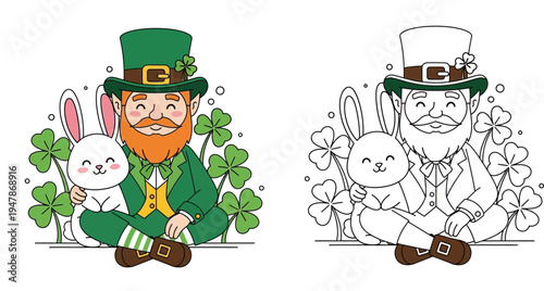 St Patricks Day vector illustration of a cute leprechaun hugging a white bunny rabbit with shamrocks, including a black and white coloring book outline version.