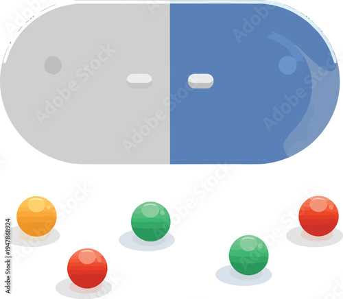 Pharmaceutical capsule illustration with gray and blue halves and scattered colorful orange, green, and red pill beads below