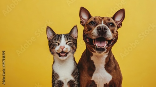 Smiling cat and dog sitting together on yellow background. Happy domestic animals posing for portrait. Friendship between pet. Animal welfare and joy, veterinary clinic advertising.