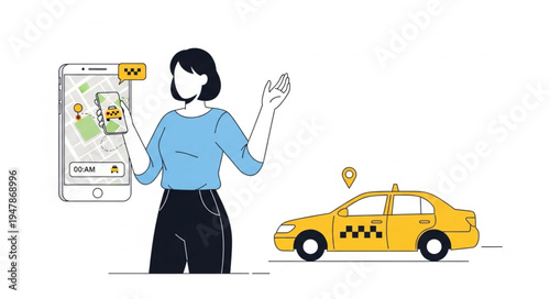 Woman hailing yellow taxi cab.