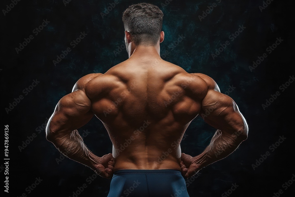 Fototapeta premium Muscular man seen from behind, flexing a broad back and arms against a dark studio backdrop, conveying strength and intensity.