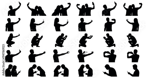 Smartphone Photography Silhouette Set Pack. Editable Vector Illustration. featuring people, man, woman, couple, person, individual, user, male, female, friend, selfie, phone, smartphone, mobile more.
