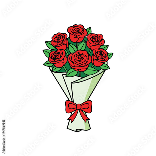 A vibrant cartoon illustration of a bouquet of red roses tied with a bow