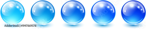Blue glass balls set, 3D shiny spheres collection.