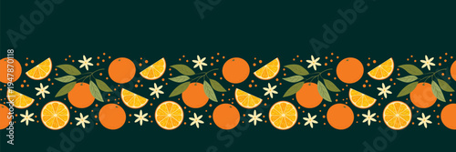 Seamless border with oranges, citrus slices, flowers and leaves on dark background. Vector illustration
