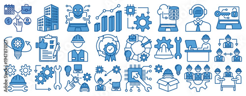 Engineering and Technology Icon Set. Icons Including AI, cloud computing, data engineering, system integration, security, customer support, quality, workflow, maintenance, teamwork