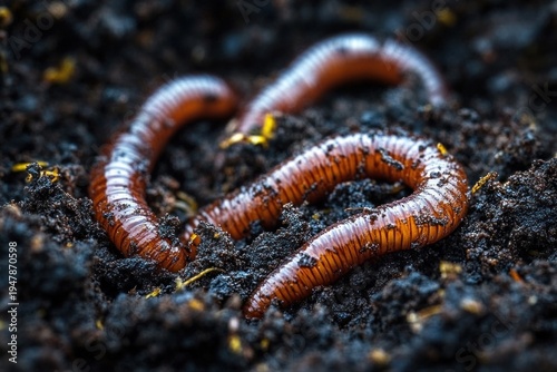 three glossy reddish-brown earthworms wriggling in dark moist soil with organic debris, lively natural close-up