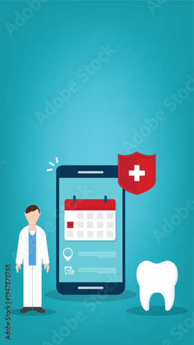 Dental appointment mobile app concept with dentist tooth and healthcare calendar reminder on smartphone screen – online clinic booking medical schedule flat vector illustration