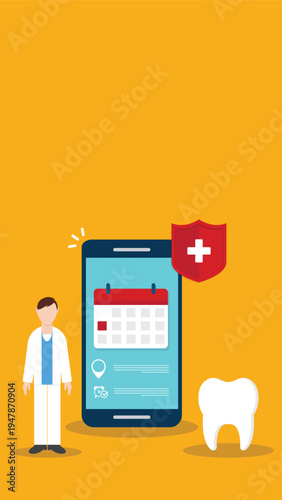 Dental appointment mobile app concept with dentist tooth and healthcare calendar reminder on smartphone screen – online clinic booking medical schedule flat vector illustration
