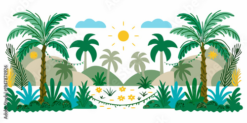 A vibrant tropical landscape with palm trees hills and a bright sun