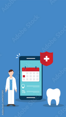 Dental appointment mobile app concept with dentist tooth and healthcare calendar reminder on smartphone screen – online clinic booking medical schedule flat vector illustration