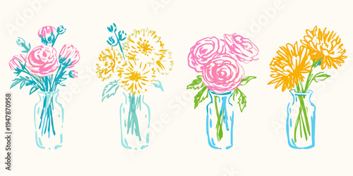 Colorful floral arrangements in simple vases a charming illustrative design