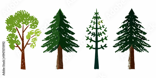 Four stylized trees with varying shapes and shades of green foliage