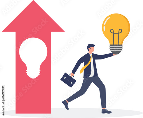 Businessman running on arrow with lightbulb