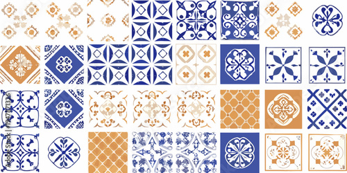 Assorted vintage tile patterns in shades of blue and orange