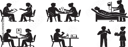 Blood donation process vector silhouettes set illustrating donor screening collection procedure and aftercare recovery stages