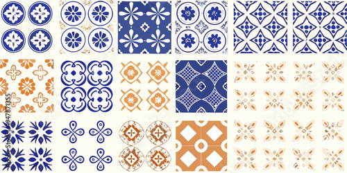 Collection of vintage ceramic tile patterns in blue and orange hues