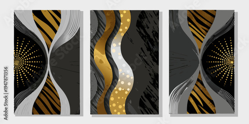 Abstract triptych featuring golden and black swirling patterns with silver accents