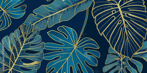 Elegant tropical monstera leaves with luxurious gold accents on deep blue