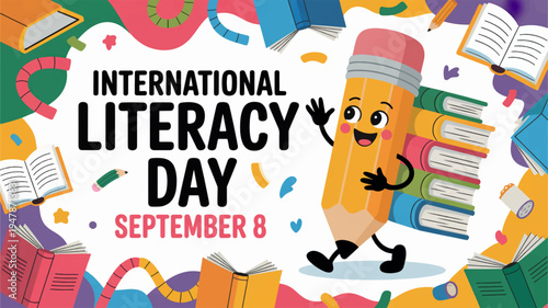 International literacy day celebration with colorful educational background and cartoon pencil character