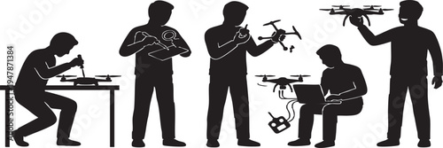 Drone Repair Technician Silhouette Icon Set - UAV Maintenance and Operation Figures