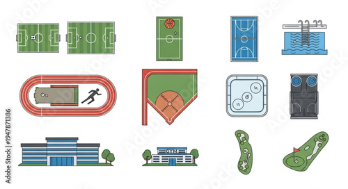 Diverse Sports Fields and Venues Illustration Set for Design Projects.