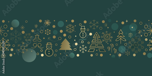 Festive golden winter holiday pattern with snowmen trees and snowflakes