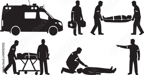 Emergency Medical Services Silhouette Set; Ambulance, Paramedics, and Rescue Operations