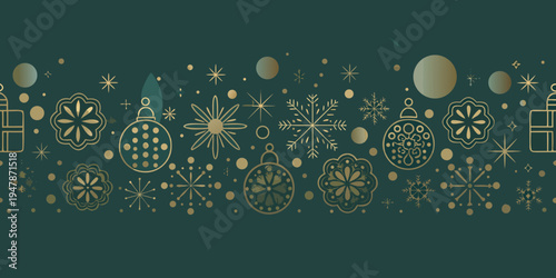 Golden christmas ornaments and snowflakes on a teal background