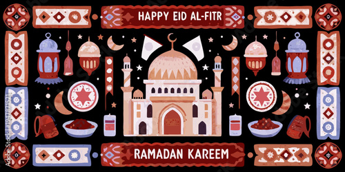 Festive eid al fitr and ramadan kareem illustration with mosque and decorations