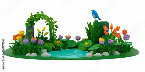 A vibrant cartoonish garden scene featuring a pond flowers and a blue bird