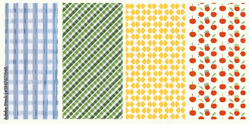 Four patterned fabric swatches featuring gingham fruit and diamonds