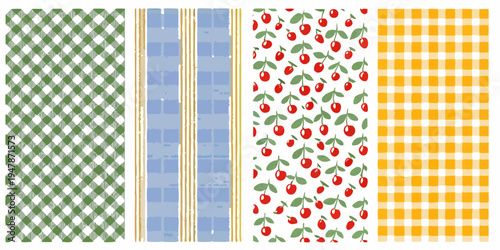Four patterned fabric swatches displayed in a colorful repeating arrangement