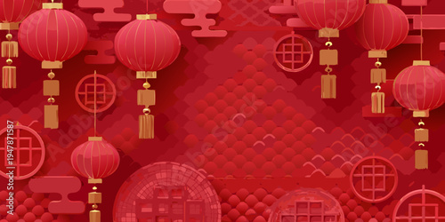 Festive red lanterns and traditional chinese cloud patterns background