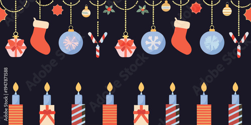 Festive christmas ornaments stockings and lit candles on a dark background