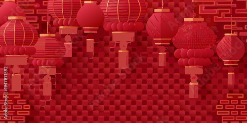 A vibrant composition of red chinese lanterns against a textured backdrop