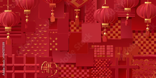 A vibrant red background featuring traditional chinese lanterns and patterns
