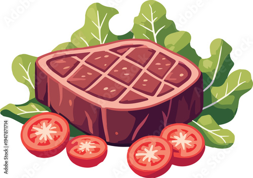 bistecca al sangue con insalata pomodori e cipolla al piatto vettoriale	